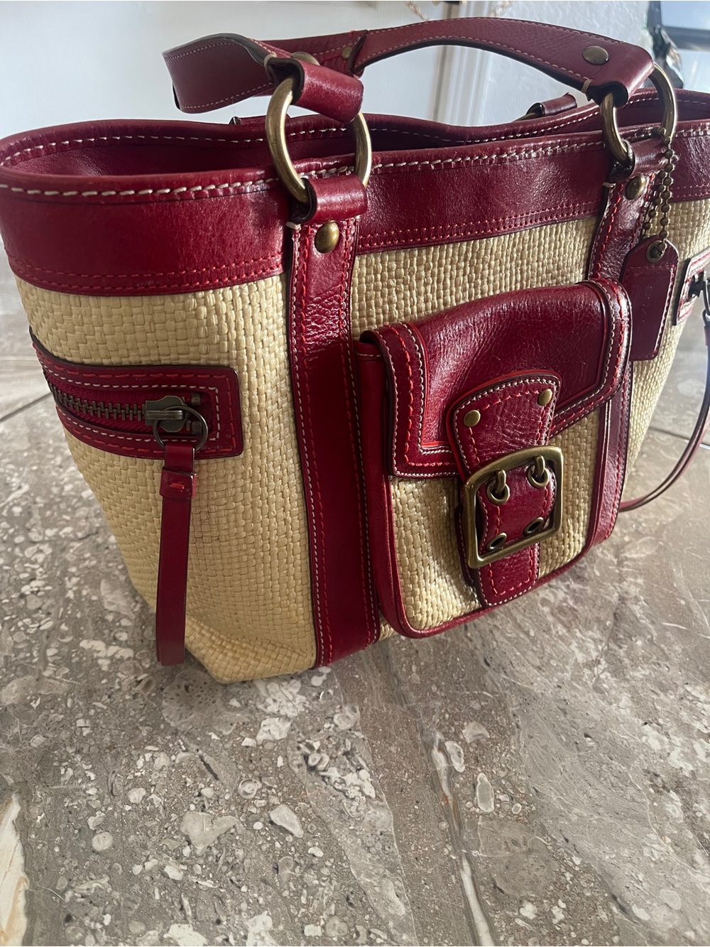 Beautiful ๐ป Coach Legacy M05K-113 Straw & Red Leather Buckle Tote Y2K 2005 - Picture 6 of 15